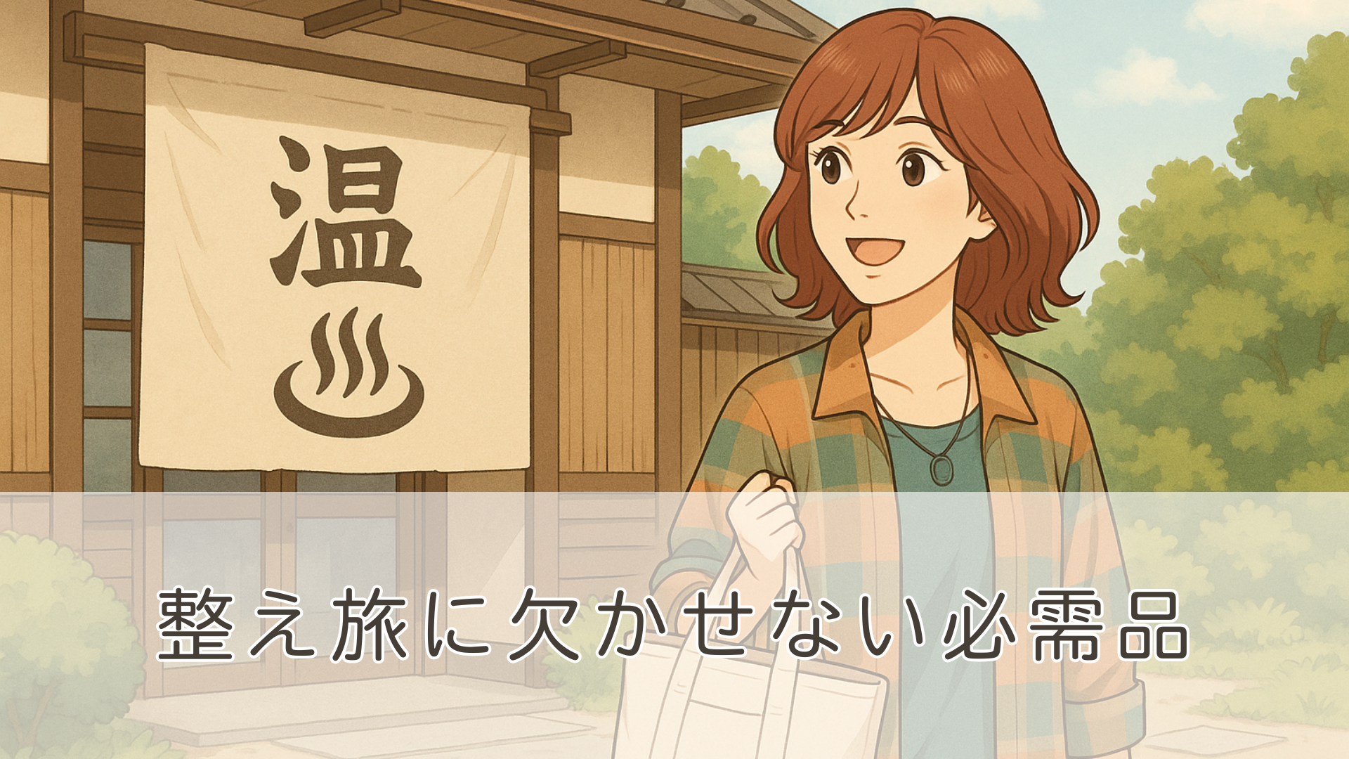 温泉旅にぴったりのメッシュバッグを持つ女性。整え旅で活躍するおすすめアイテム