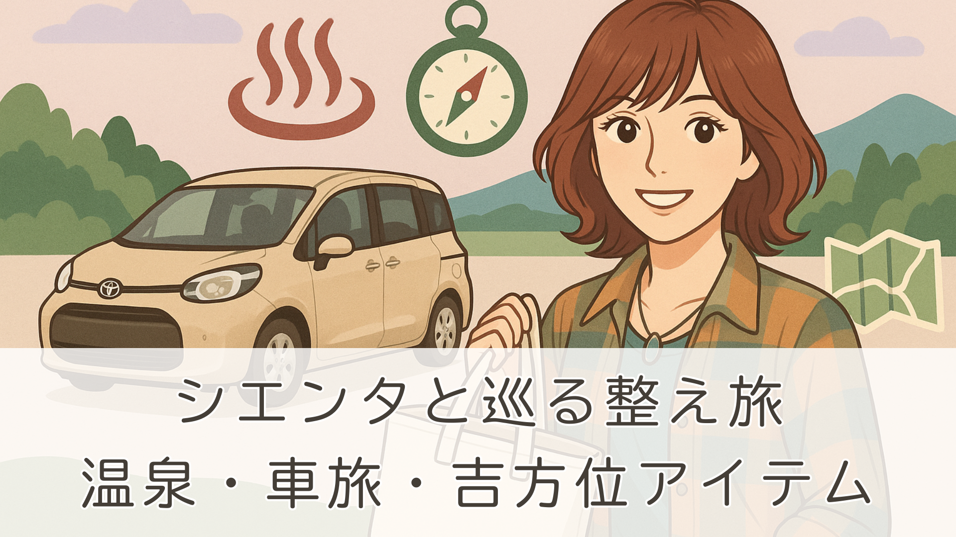 愛車シエンタと巡る整え旅。温泉・吉方位・車旅を楽しむ女性のイラスト。旅を快適にするアイテムリスト記事のアイキャッチ画像