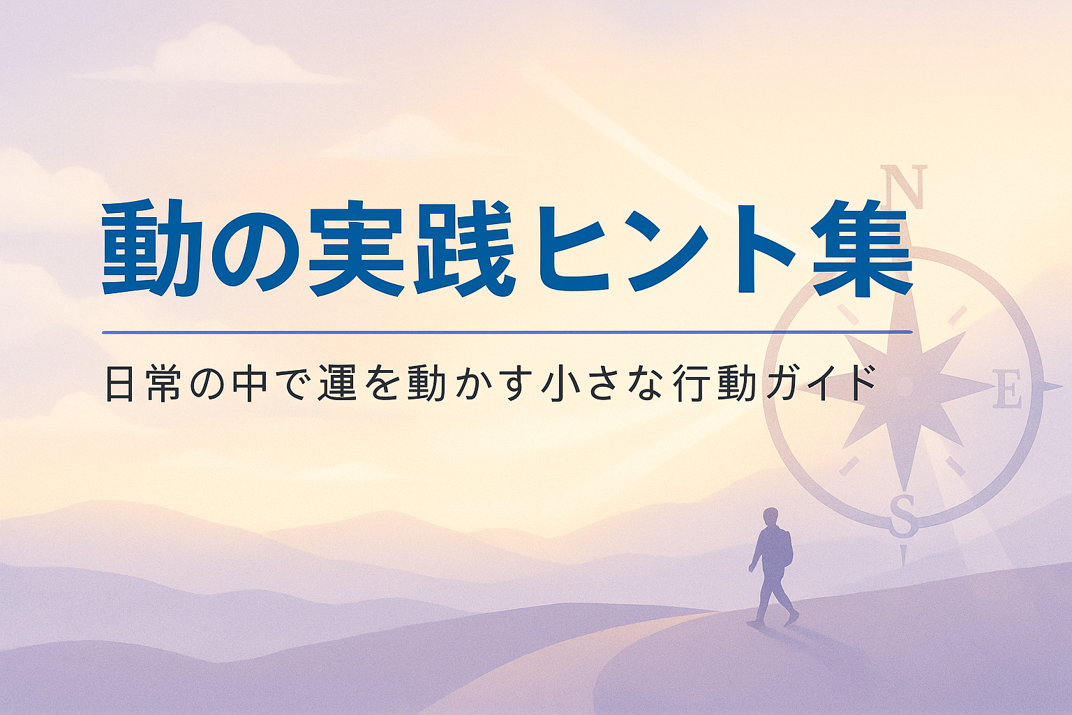 動の実践ヒント集のアイキャッチ画像。淡い藤色とベージュの背景に、風と葉が流れる癒し系デザイン。