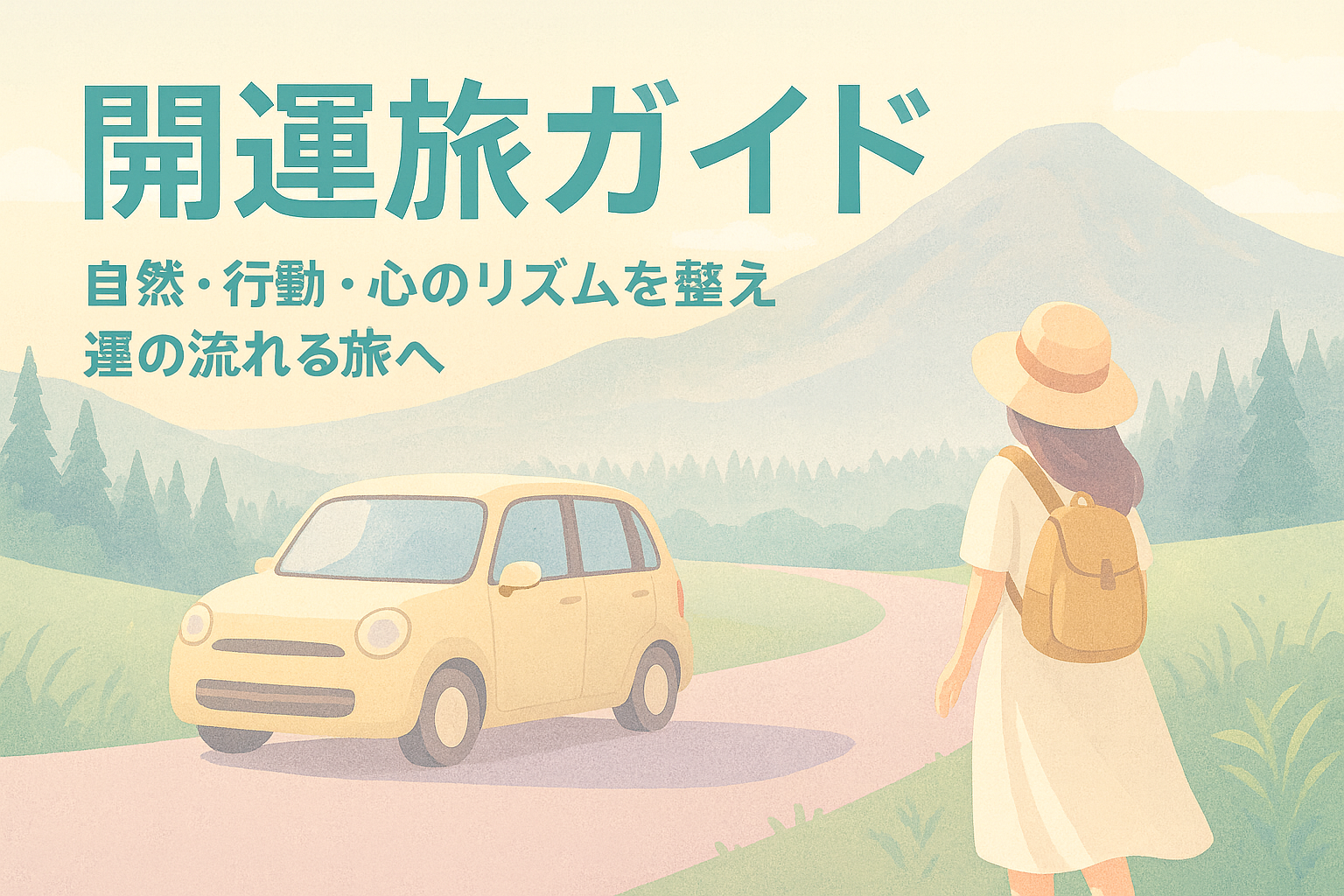 パステル調の山道をベージュのシエンタで走る女性。 「開運旅ガイド　運気をまとう旅の手引き」という文字が入った画像。 心・行動・自然を調和させて運気を整えるスピリアルな旅を象徴している。