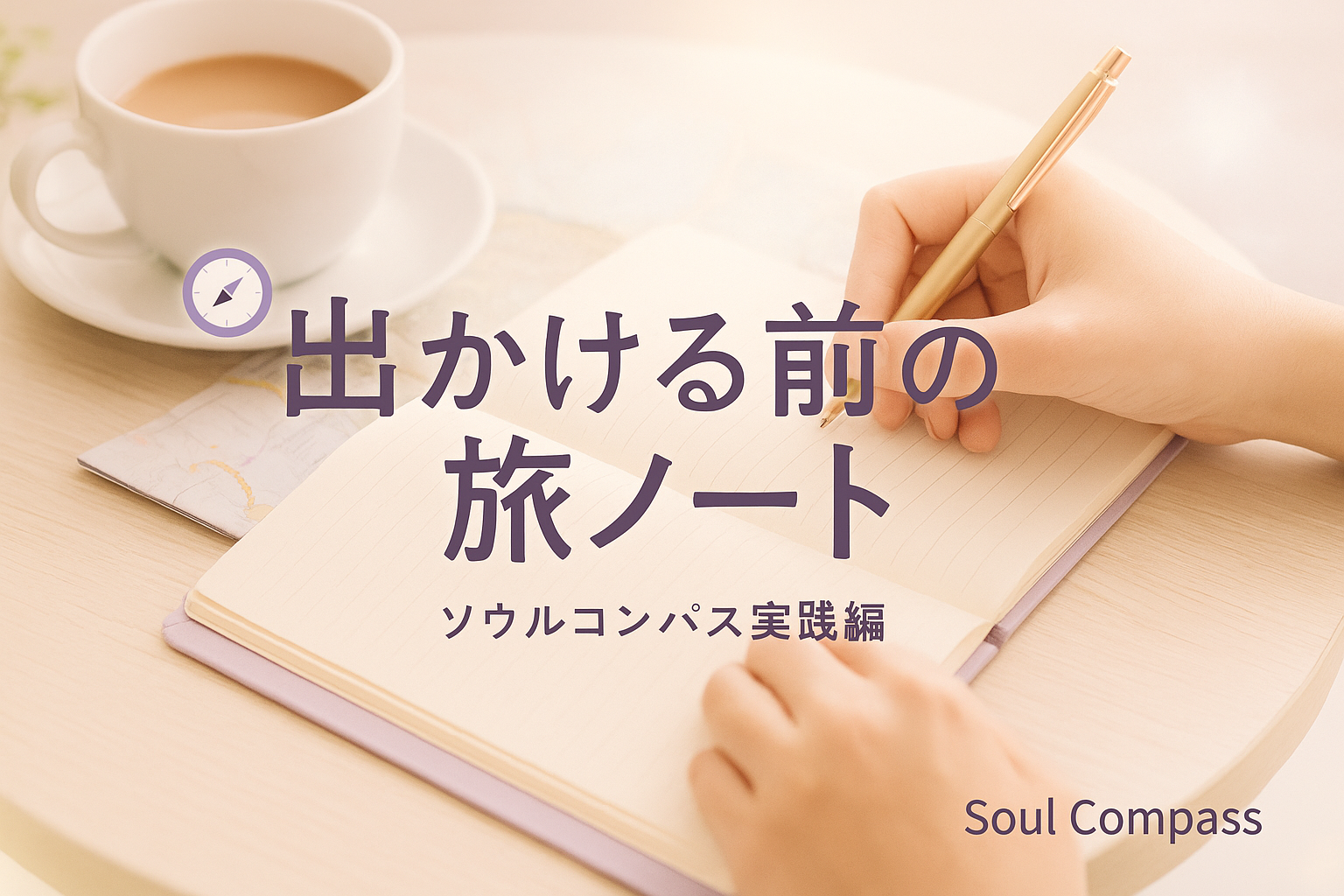 出かける前の旅ノートを整える女性の手元。ラベンダーとベージュの柔らかな色合いで、ソウルコンパス実践編の世界観を表現したアイキャッチ画像。