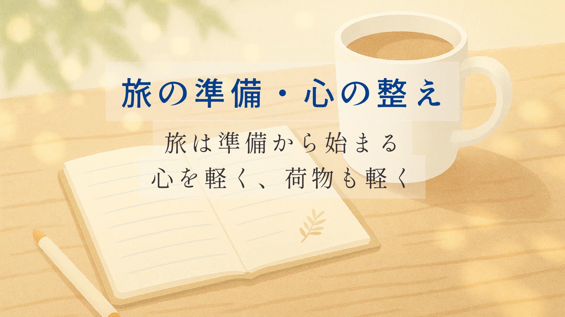 旅ノートを開いてペンを持つ手のイラスト。方位を選ぶためにメモを取っている穏やかな場面。