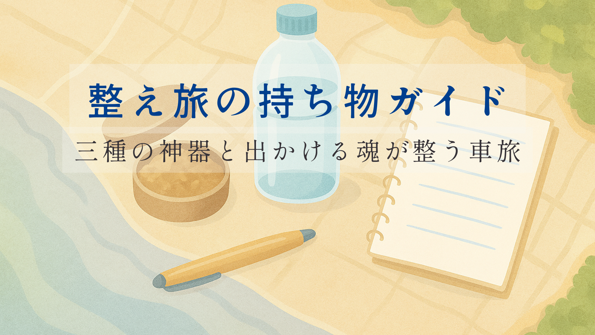 塗香・水・ノートが机の上に平置きされた構図。淡い空と光の粒を背景にした、整え旅の持ち物をテーマにした穏やかなイラスト。
