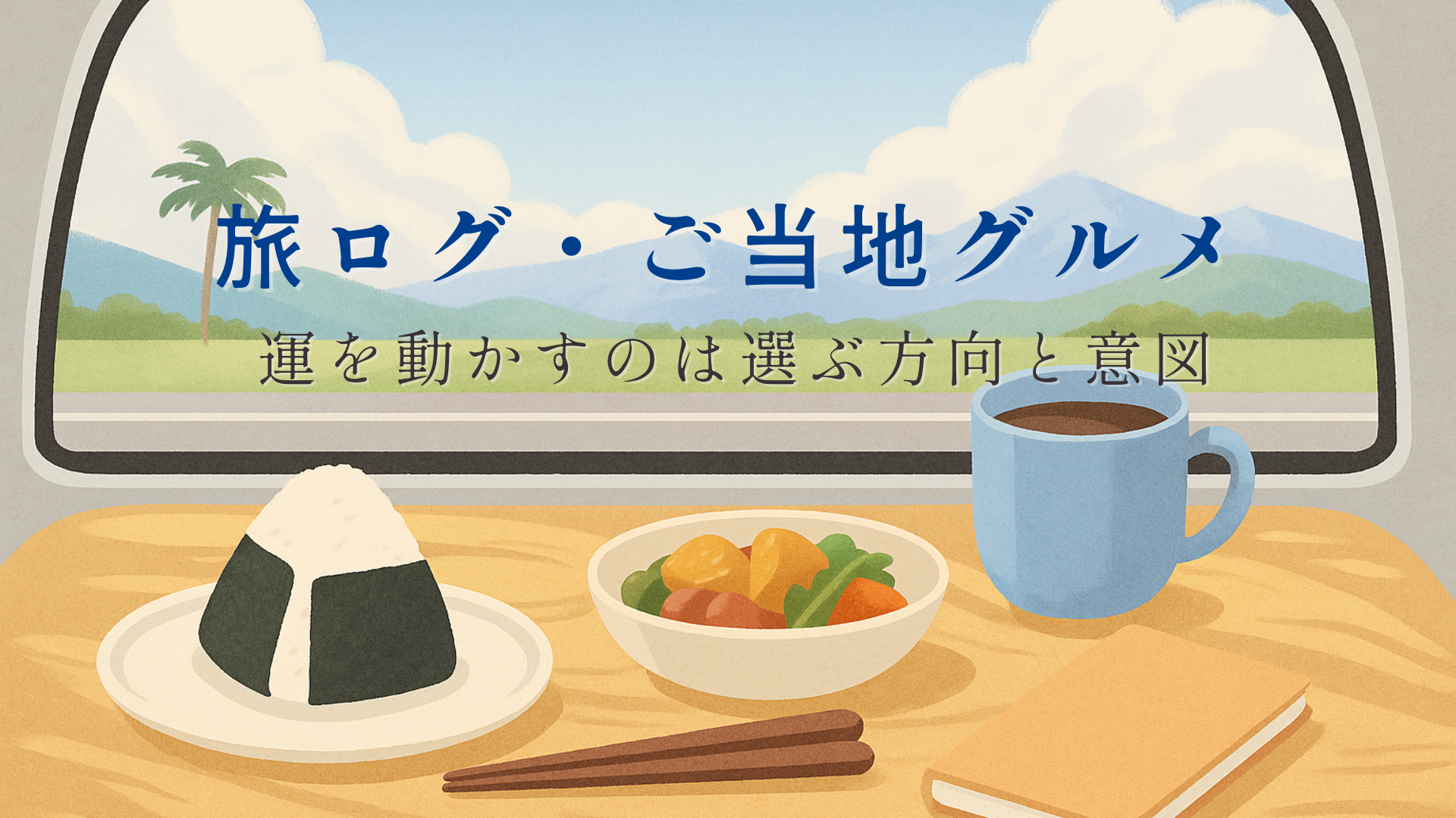 車の窓越しに見える海辺の景色と、旅先のテーブルに並ぶご当地ごはん。シエンタで巡る開運旅の一場面を描いたイラスト。