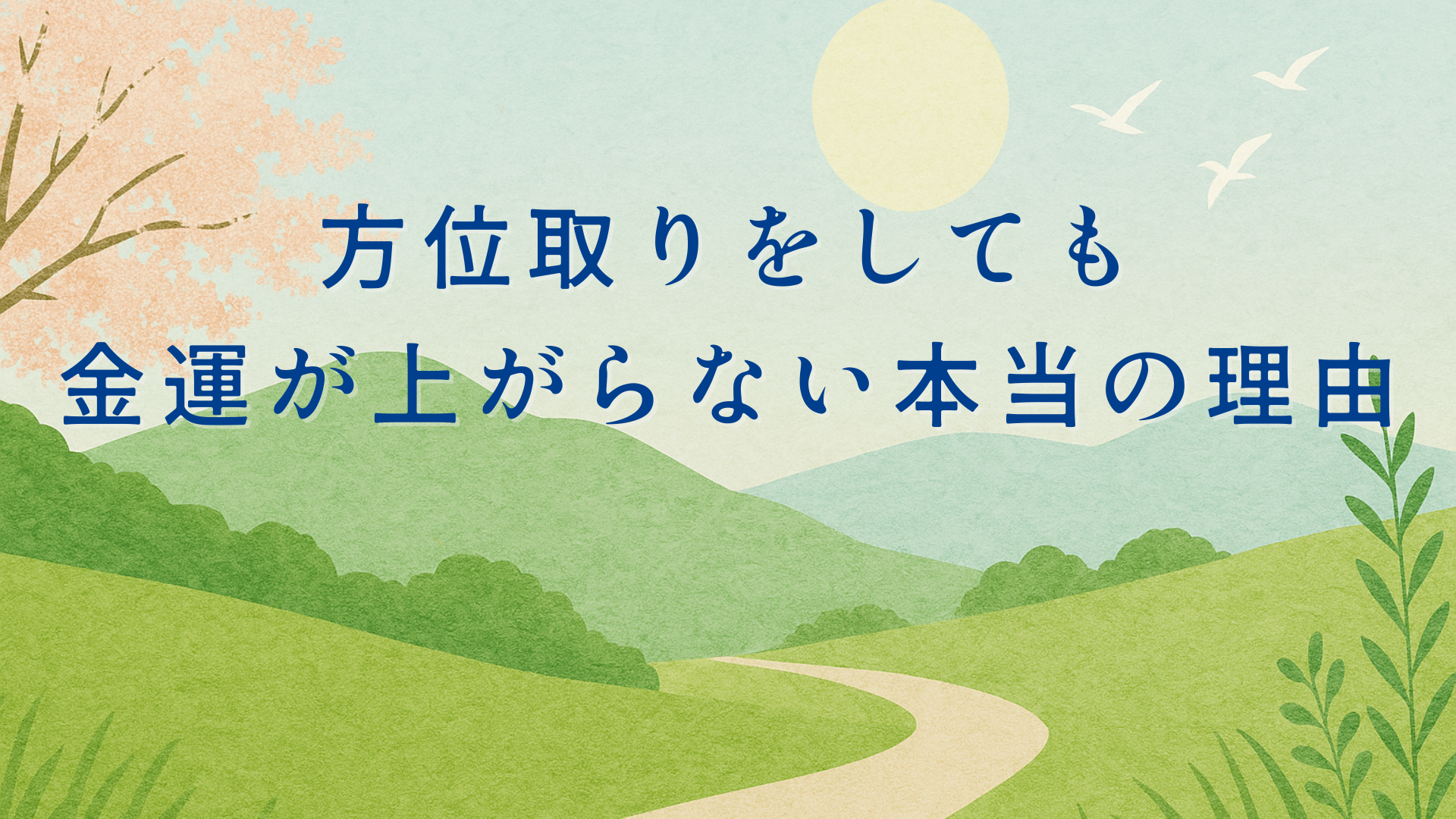 方位取りをしても金運が上がらない理由を解説するブログ記事のアイキャッチ画像。金色の光と山々が広がるやさしい風景の中に「方位取りをしても金運が上がらない本当の理由」と書かれている。